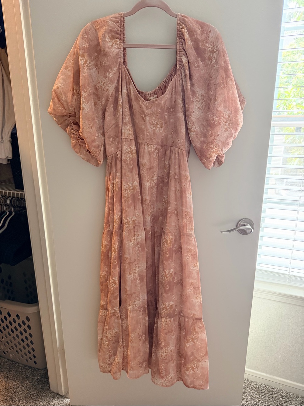 Blush Floral Puff-Sleeve Maxi Dress